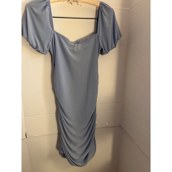 Windsor Blue Ruched Bodycon Sz S Mini Dress Puff Sleeve Square Neck Tie Front Pa - Picture 2 of 9